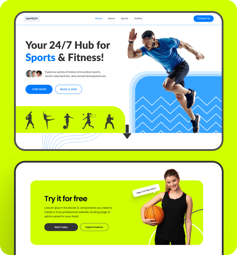 Sportify24 – UI/UX (Website Design)
                                We developed a responsive website for Sportify24 to make it simple for users to explore facilities and book sports sessions online. The design ensures easy navigation and a seamless booking experience.