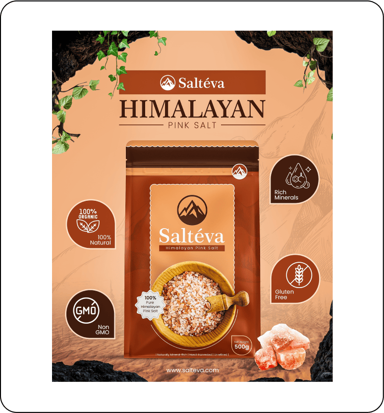 Salteva - Poster Design - Highlighting purity and high0quality of premium pink salt.
